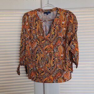 Rachel Roy Blouse 1X Orange Paisley Boho V-Neck Silky 3/4 Tie Sleeve EUC